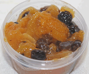 Stewed Fruit for topping crumpets. Dried apricots and raisins were microwaved with some water to soften the fruits